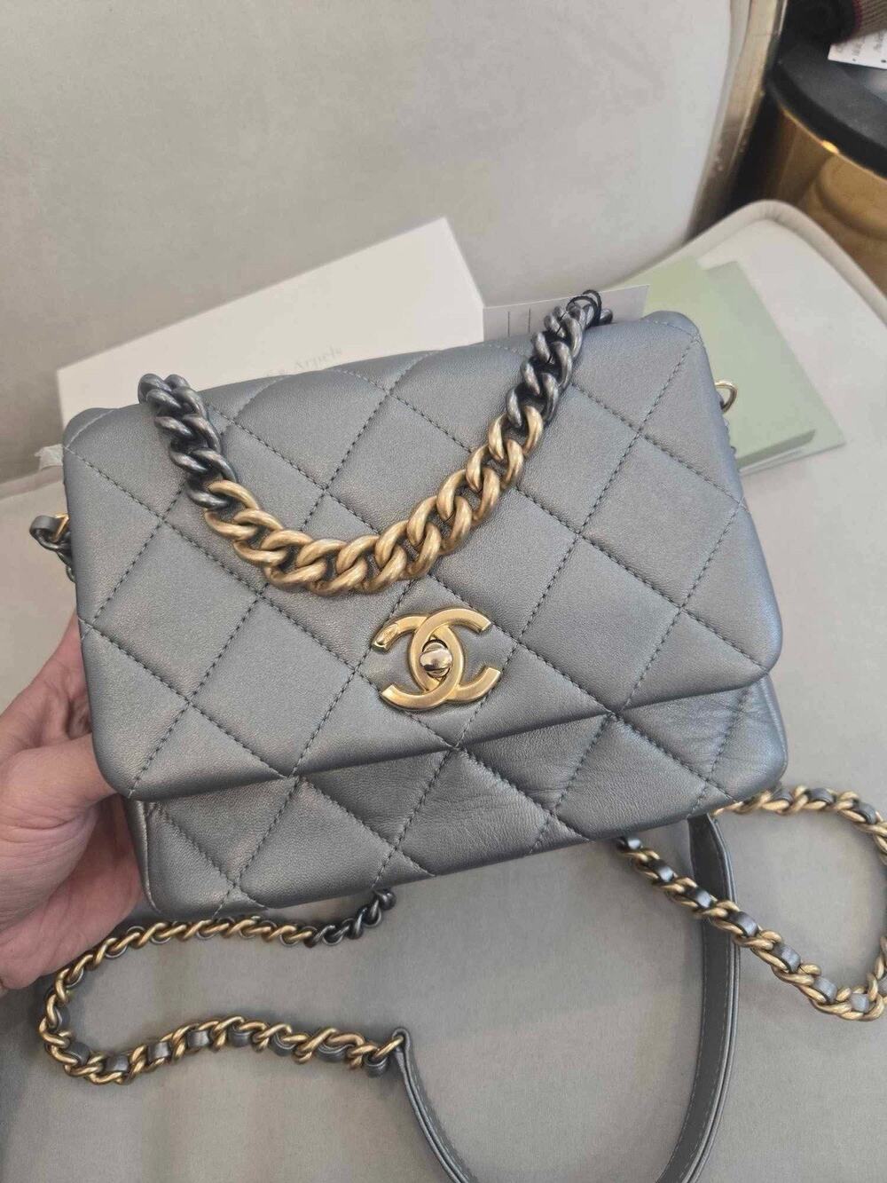 60% Off Retail CHANEL Mini Side Note Flap W/ Handle Gray Chip 21B (K2509AS)